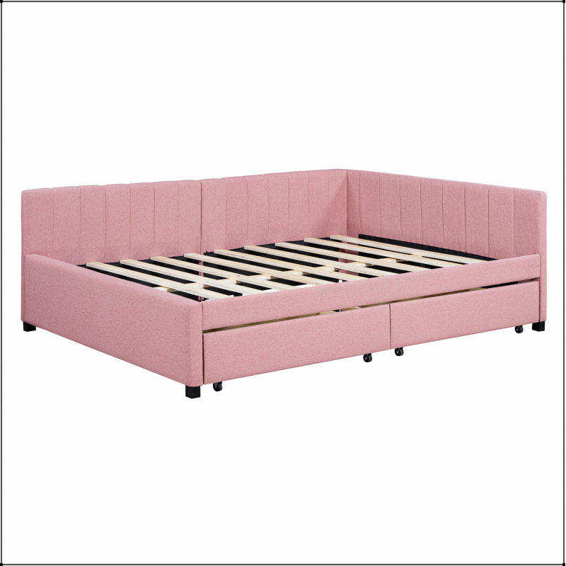 Full Upholstered Daybed with 2 Storage Drawers Sofa Bed Frame, Pink