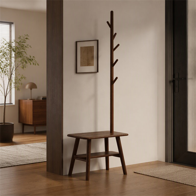 Banc de rangement en bois massif avec porte-manteau intégré pour une organisation efficace et des sièges confortables