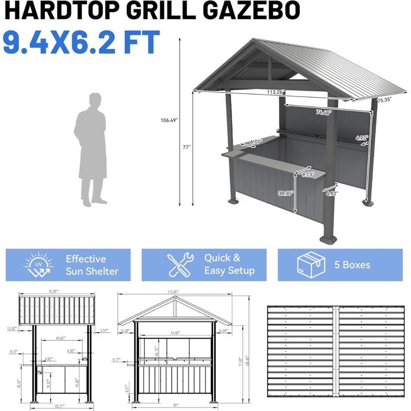 Pavillon de jardin en acier moderne avec rangement, 9,4 x 6,2 pi pour patio