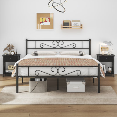 3 Piece Metal Bedroom Set, Metal Bed Frame With Headboard And Nightstand Set Of 2, Classic Farmhouse Bedroom Furniture Set Of 3, No Box Spring Needed, Easy Assembly