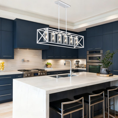 Modern Chandeliers Brushed Nickel Dining Room Lighting Fixtures Hanging Rectangular bar Kitchen Island Pendant Lights Industrial Flush Mount Ceiling Light Glass Shade with 6*5W Bulbs(White)