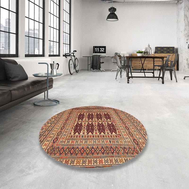 Tapis traditionnel brun / beige / rouge, Rond 4 pi