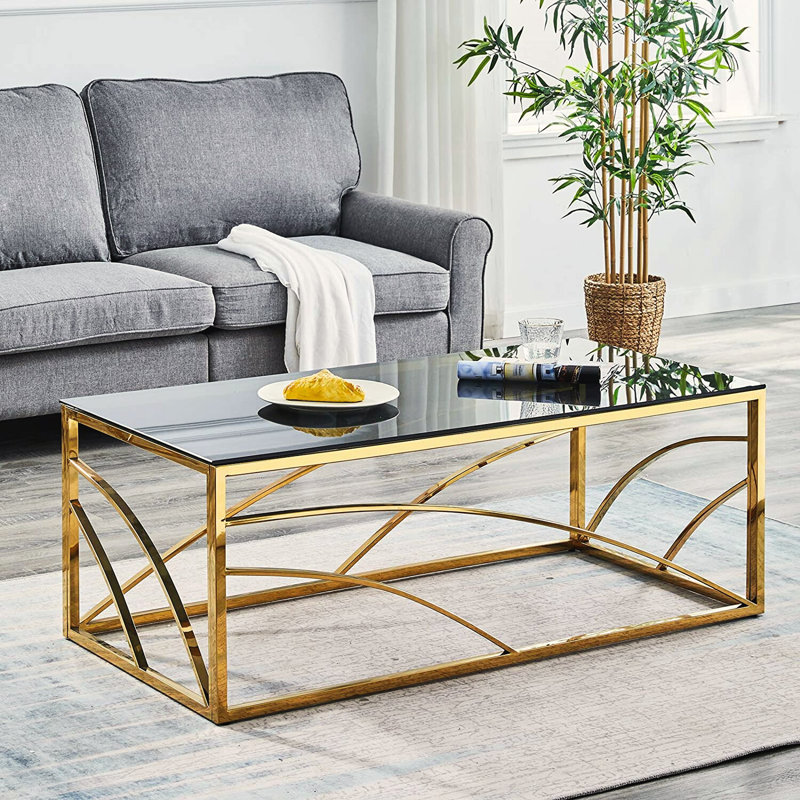 120cm Luxury Modern Tempered Glass Coffee Table with Stainless Steel Frame for Living Room, Smoke Grey/Gold