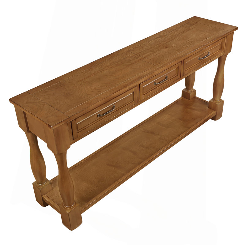 63" Wood Console Table with 3 Drawers and Bottom Shelf, Brown Extra-Thick Sofa Table for Entryway Hallway, Brown