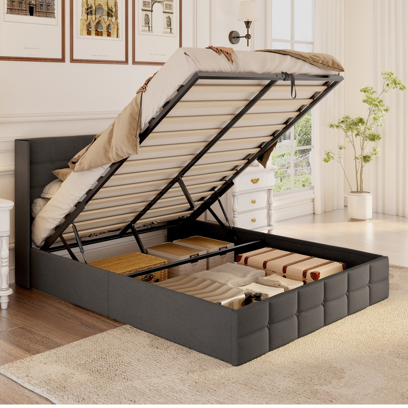 Lit plateforme avec rangement Lift Up et tête de lit Winback, Gris foncé, Grand lit