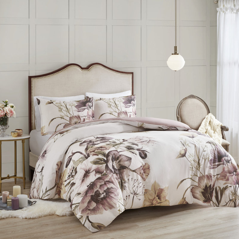 Ensemble de housse de couette 3 pièces - très grand / très grand, imprimé en coton avec motif floral, aspect doux pour la chambre à coucher, attache à boutons et coins, imprimé très grand, atmosphère élégante, fermeture, attaches,