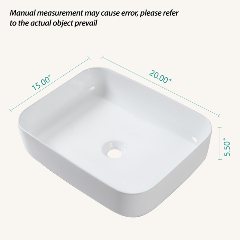 20X15 Inch White Ceramic Rectangular Vessel Bathroom Sink