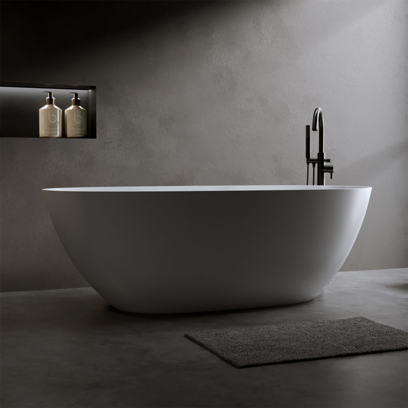 57″Solid Surface Matte Tub, Solid Surface Soaking Tub, Stone Resin Freestanding Bathtub, Thick Edge Stand Alone Tubs With Overflow, Pop-Up Drain, Matte White (Oval)