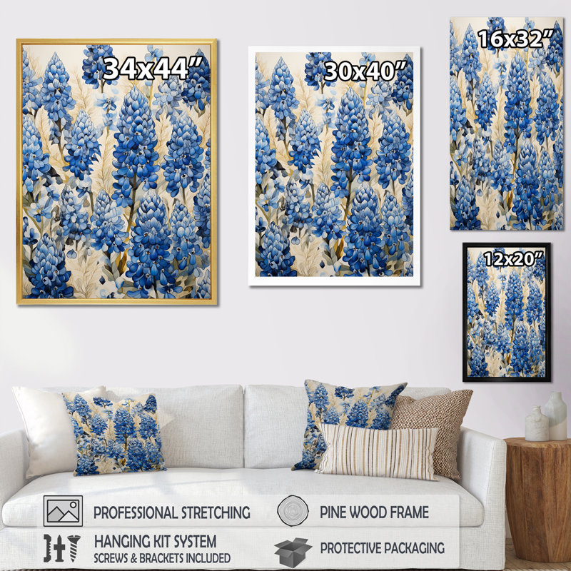 «Elegant Blue Bonnets Meadow I», reproduction d'art sur toile, Blanc, H 32 po x l 16 po x P 1 po