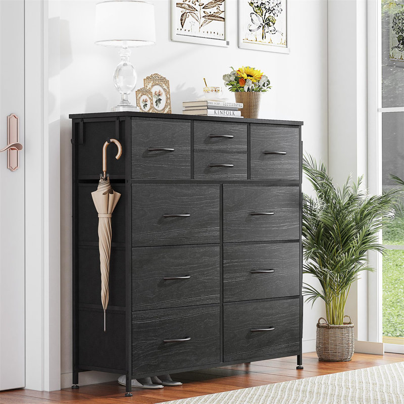 Tall Chest Of Drawers Bedroom, 10 Fabric Drawers Dresser With Side Pockets And Hooks, Wooden Top And Metal Frame, Storage Drawers For Closet, Living Room, Kids Room (Wood Grain)