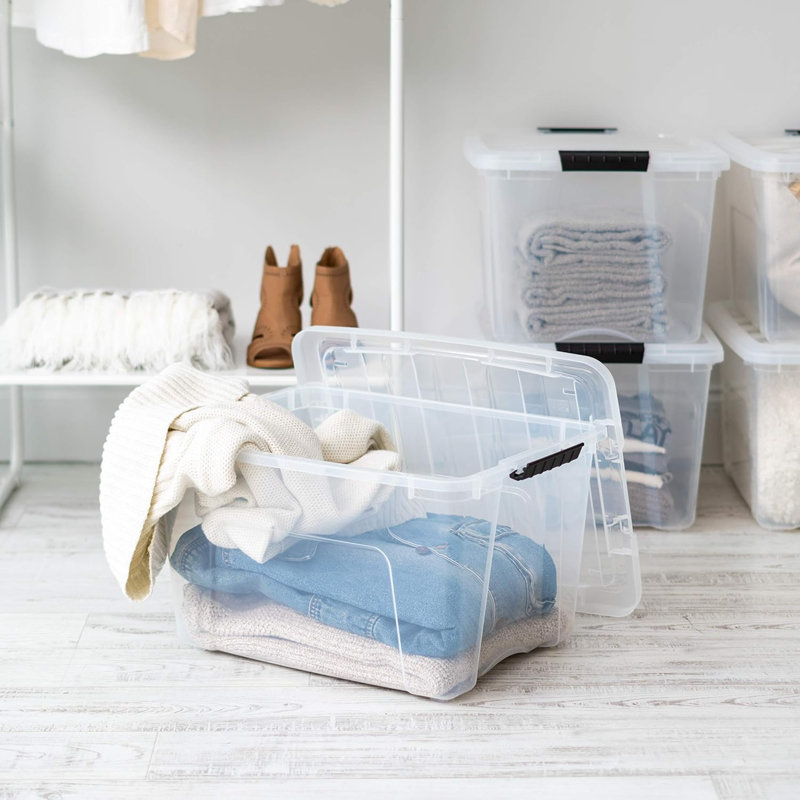 40 QT Plastic Storage Box With Lid And Latches - 4 Pack - BPA-Free, Discreet Organizing Solution, Durable Nestable Stackable Containers, Secure Pull Handle