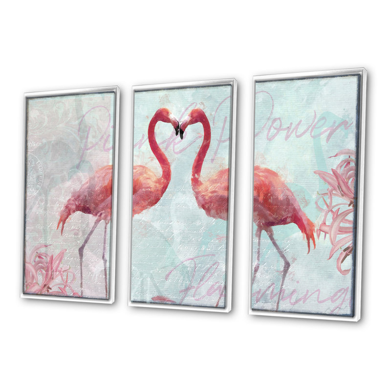 Flamant rose - Ensemble de 3 reproductions d'art sur toile encadrées, H 32 po x l 48 po x P 1 po, Blanc