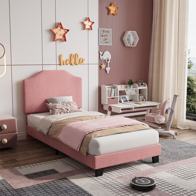 Kids Twin Bed Frame with Velvet Upholstered Headboard, Wooden Slat Support, Non-Slip, No Noise, Easy Assembly, Teen Bedroom