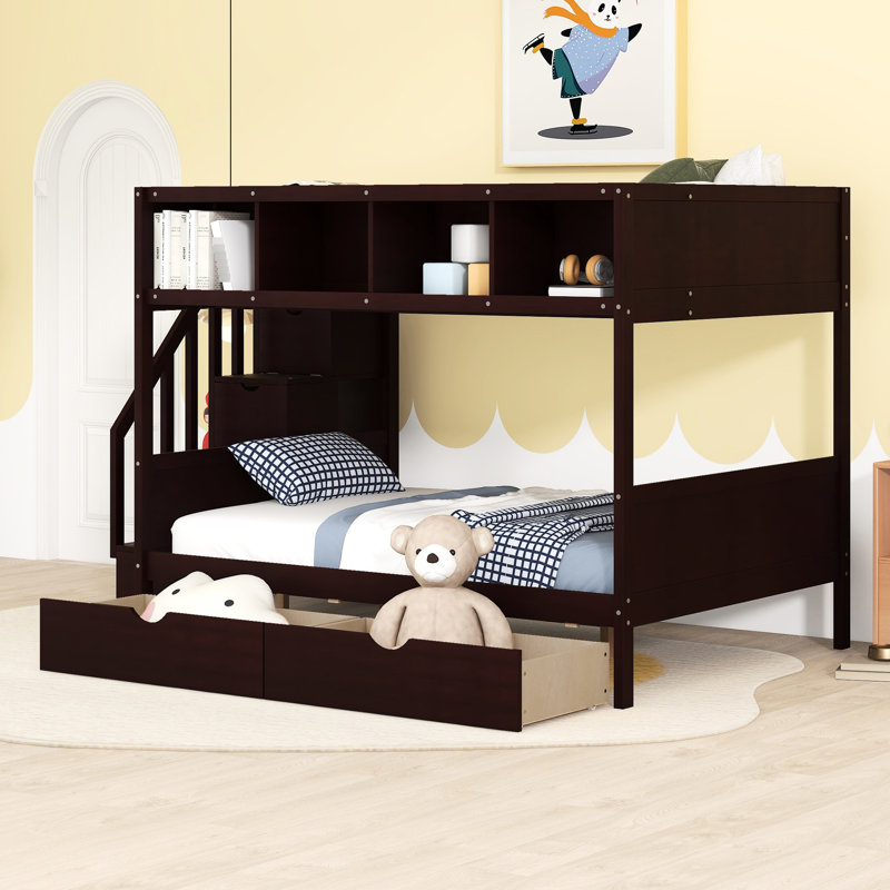 Lit superposé simple au-dessus d'un lit double, avec tablettes, escalier de rangement et 2 tiroirs - Pratique, Espresso