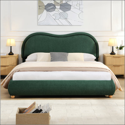 Queen Size Upholstered Platform Bed Frame With Rounded Corners, Curved Headboard, And Chenille Fabric, No Box Spring Needed, Easy Assembly, Olive Green