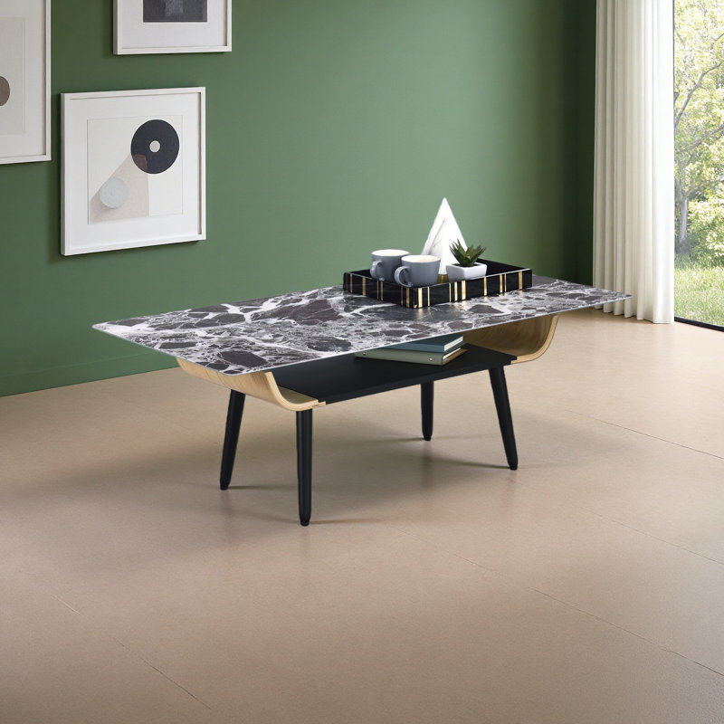 47" Coffee Table With Glass Marble Texture Top And Bent Wood Design, Black