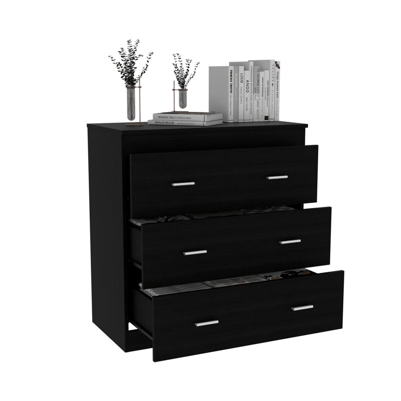 Commode à trois tiroirs Georgia, poignées en métal, plateau supérieur - noir