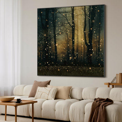 Très grande reproduction d'art sur tissu - Lucioles magiques dans la forêt, décoration pour le salon ou la chambre à coucher - «Assemblage requis du cadre (cadre non fini)»