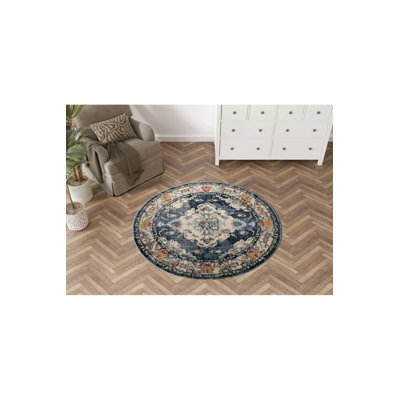 Navy Blue Tone Multicolored Traditional Motif Patterned Vintage Woven Base Round Decorative Rug