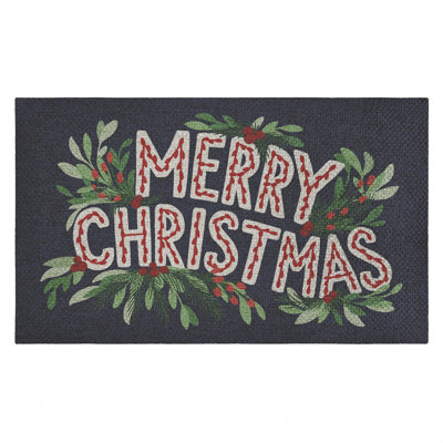 Tapis d'entrée Merry Christmas avec feuillage, design par Heather McLaughlin, 18 po x 30 po