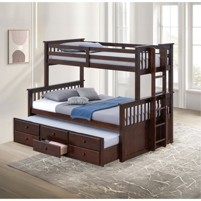 Lit superposé simple au-dessus d'un lit double de style transitionnel avec abat-jour en noyer foncé, avec lit gigogne et tiroirs, matériau en bois d'ingénierie massif, pour installation dans la chambre à coucher