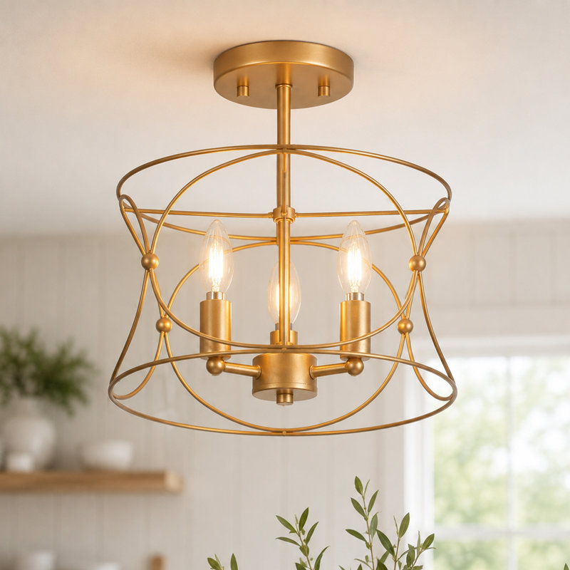 3-Light Drum Cage Frame Semi-Flush Mount Light