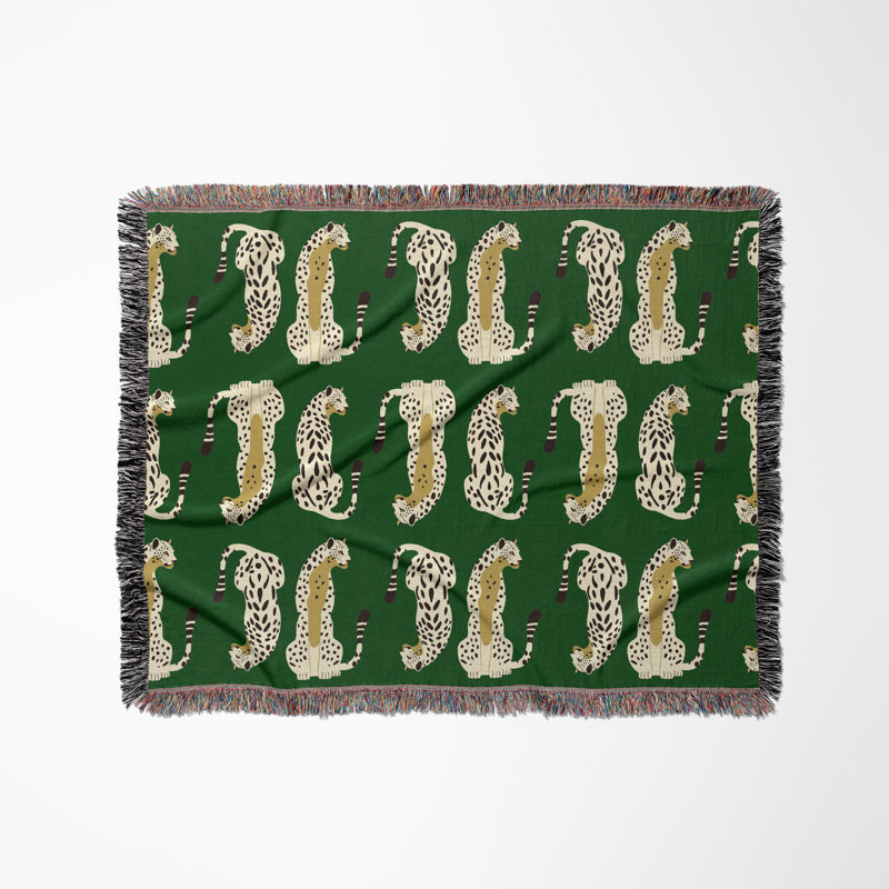 Jeté en mélange de coton Ren Leopard, L 70 po x l 50 po, Vert / blanc cassé