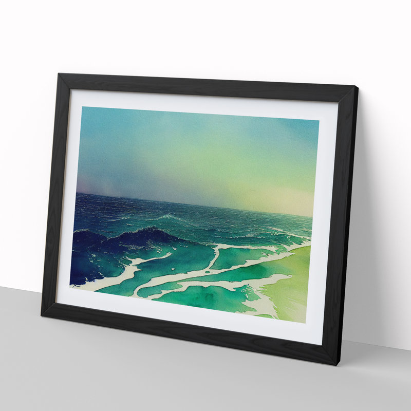 Aqua Ocean Beach - Single Picture Frame Print, 46cm H x 64cm W, Black