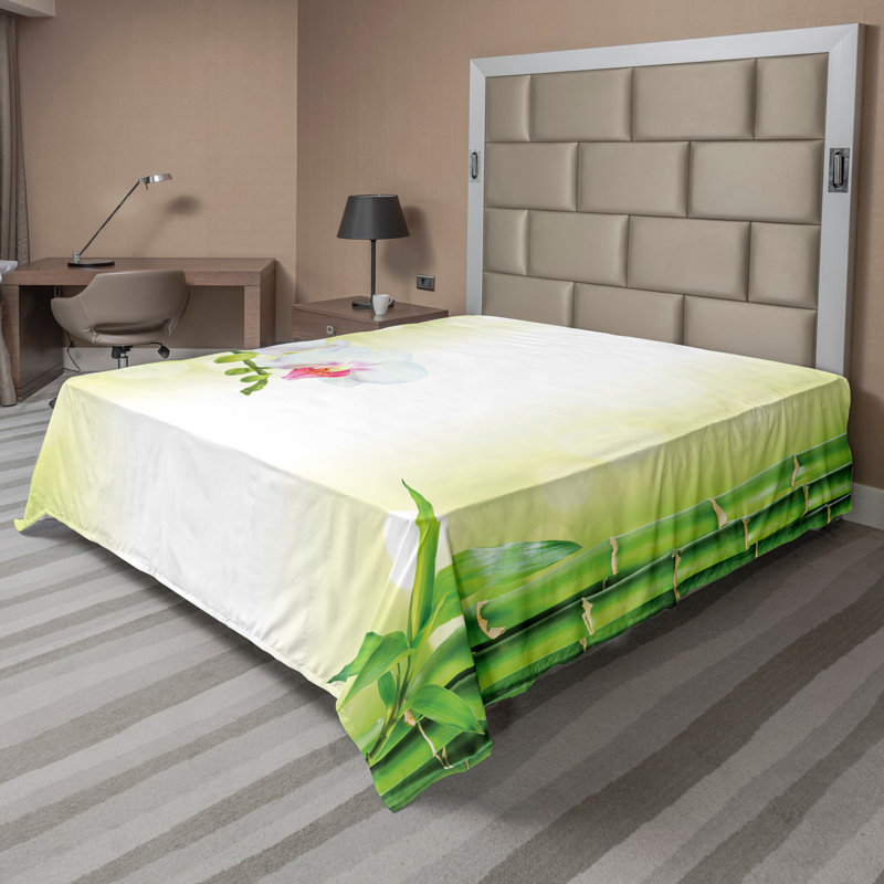 Drap plat Ambesonne Spa à thème Calm Orchids Branches White Green, Drap plat pour très grand lit californien