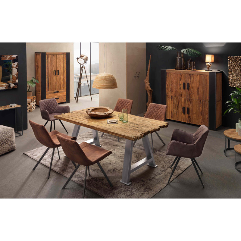 Susan Teak Solid Wood Top Metal Base Dining Table, Antique silver/Brown, 77cm H x 160cm L x 90cm W