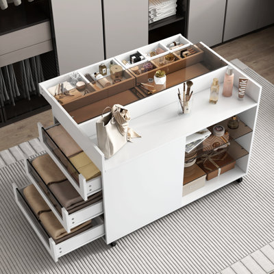 43.3" Multi-Functional Storage Island Movable Storage Cabinet Island Vanity Dresser With 3 Side Storage Drawer, A Reversible Top Storage Space And Two Glass Display Shelves