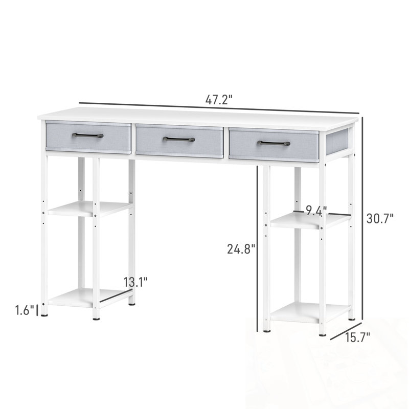 Bureau avec tablettes réglables et 3 tiroirs, Blanc / blanc