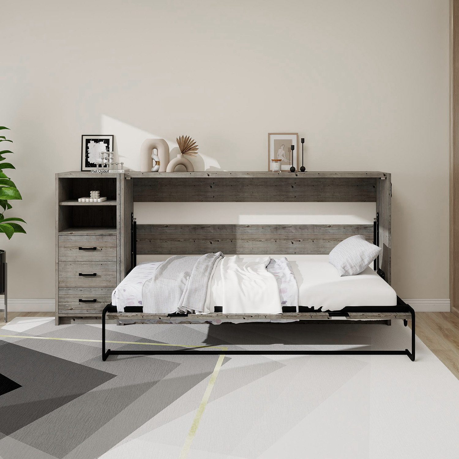 Hokku Designs Double Grey Murphy Bed With Drawers And Led Lights, Folds ...
