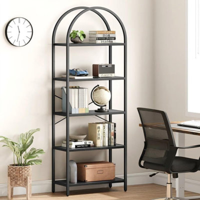 Bookshelf 5 Tier Bookcase Arched Display Racks Tall Standing Bookshelves Metal Frame Open Storage Rack Shelf Large Black Book Shelf