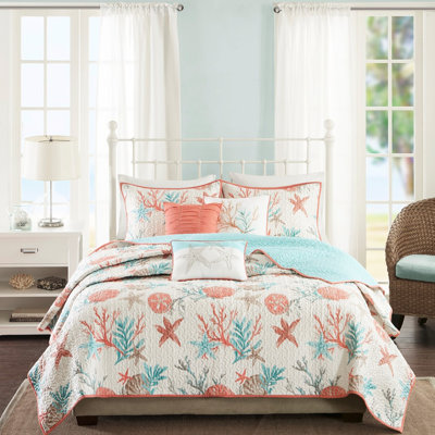 Courtepointe 6 pièces Pebble Beach, corail double / grand, imprimé coraux et étoiles de mer, envers doux, courtepointe Vermicelli, coussins de broderie côtière, coton lavable avec literie avec coussins décoratifs pour lit double / grand