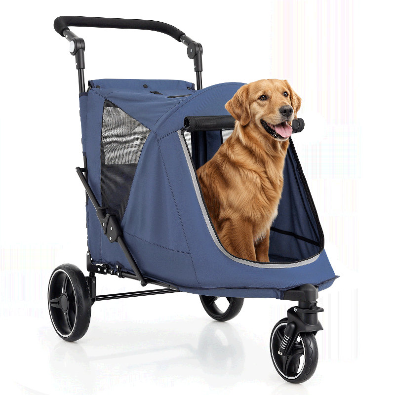 Foldable Pet Stroller for Small & Medium Dogs and Cats 3-Wheel Dog Stroller with 9 Angles Adjustable Handlebar , Blue