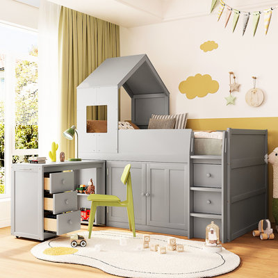 Lit simple gris en bois massif et lit mezzanine, toit de style Creative House, bureau escamotable pour les études en sciences sociales, lit en bois avec rangement à tiroirs avec bureau à roulettes, plusieurs tiroirs,