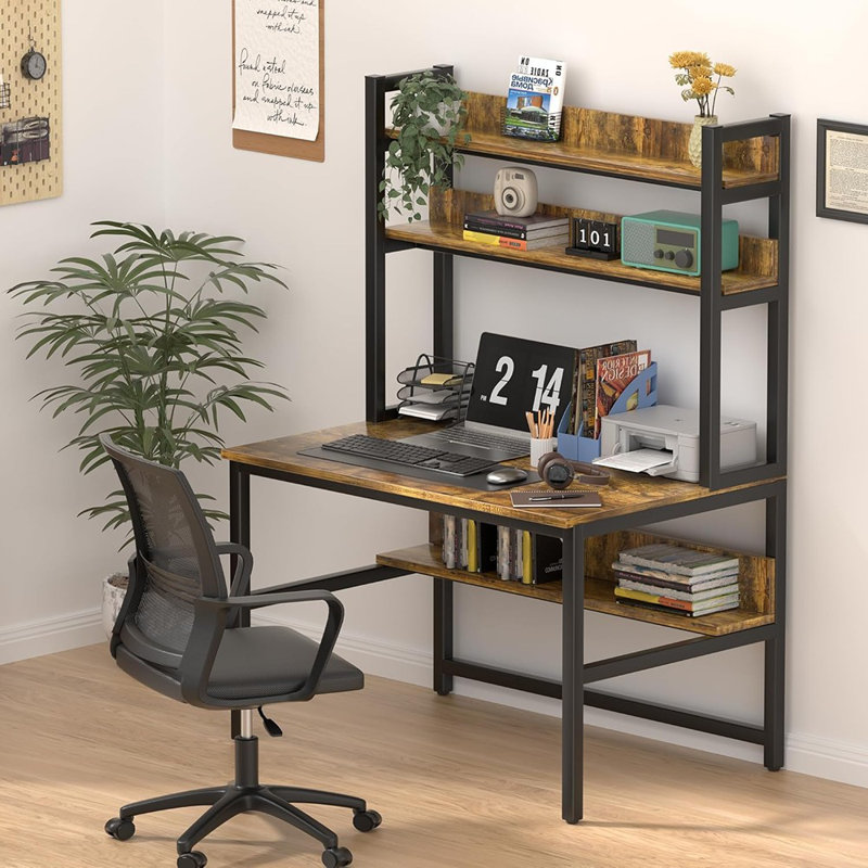 Bureau d'ordinateur avec huche, bureau de l 47 po x P 23,6 po avec tablettes, grand bureau personnel avec bibliothèque, table d'étude avec pieds en métal et rangement supérieur