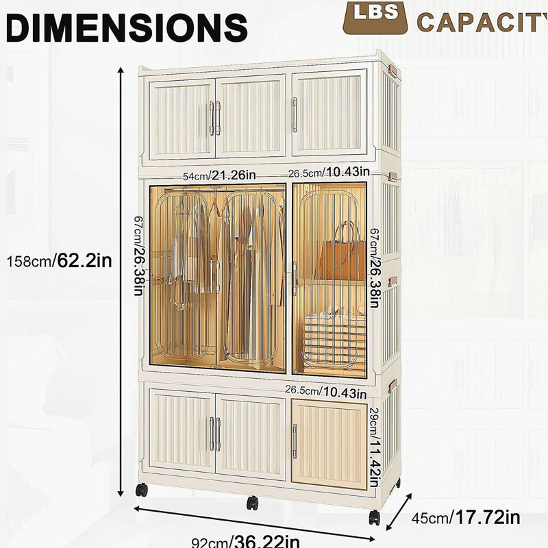 Portable Wardrobe Closet Storage Organizer for Clothes, 9 Magnetic Doors, 9 Cubes & 1 Hanging Rod, Wardrobe Storage Cabinet