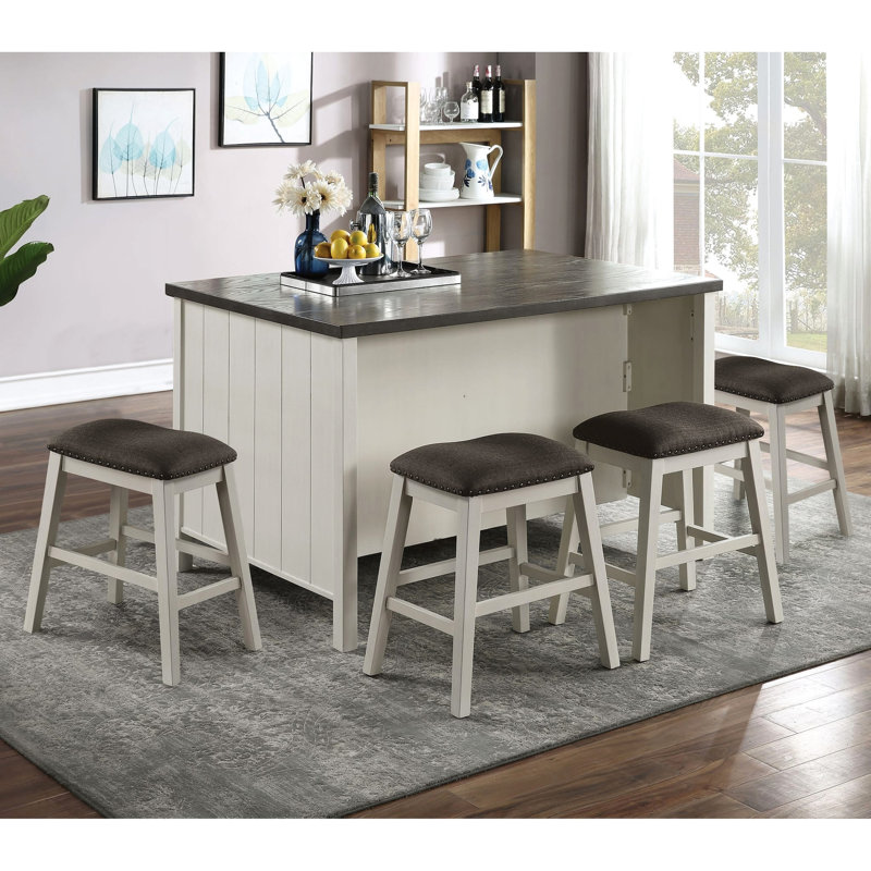 Table de salle à manger contemporaine à hauteur de comptoir 5 pièces, en bois massif, 4 tabourets, armoire de rangement et gris foncé, table en bois avec motif de planches, base à tablettes multiples