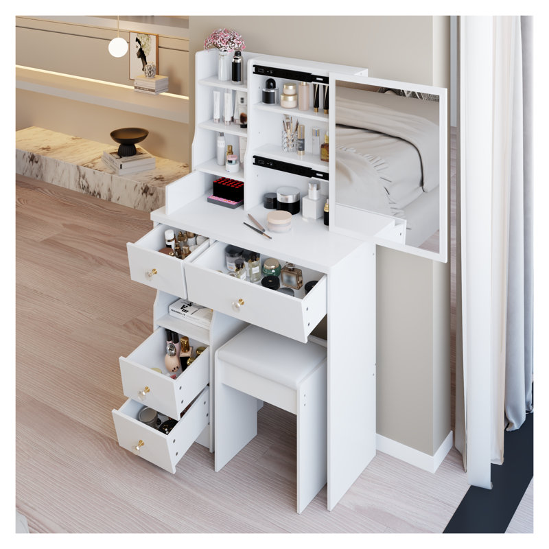 Petite coiffeuse 29,2 po avec miroir coulissant et tabouret rembourré, coiffeuse compacte blanche avec tiroir de gauche et rangement multicouche pour les petits espaces