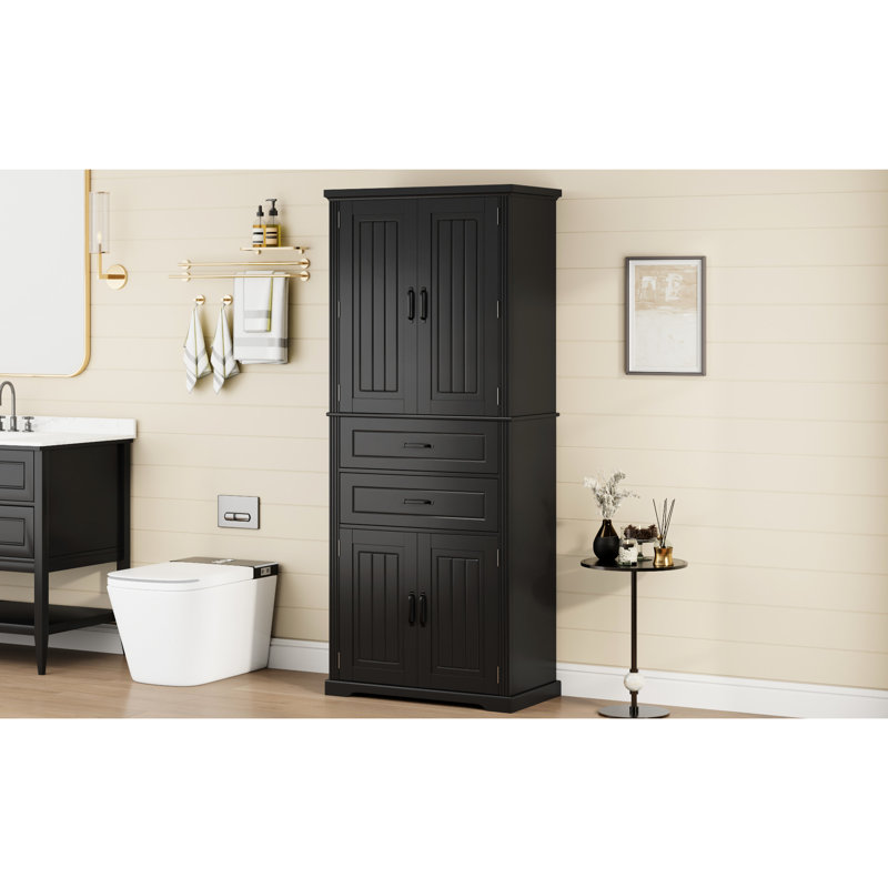 Armoire de rangement noire avec 2 tiroirs et tablette réglable pour le salon, la salle à manger et la cuisine. Finition peinte, poignées en métal, protection contre le basculement idéale pour la cuisine, la salle de bain. Tablette, tiroirs,