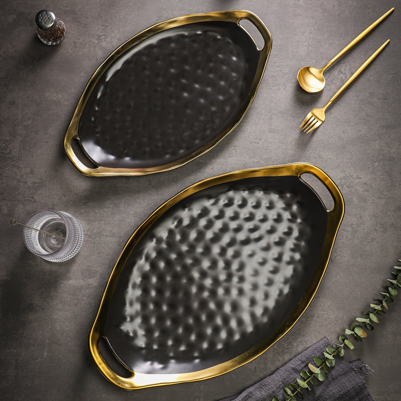 Stone Lain Florian 2-Piece Serving Oval Tray Plate Set Porcelain, Black