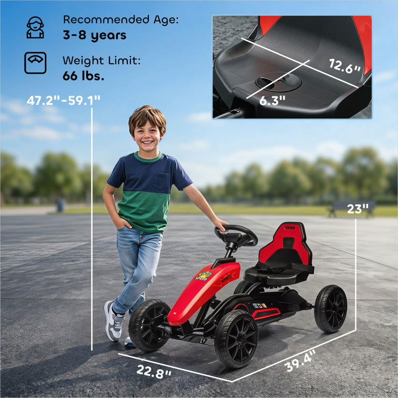 Kart à pédales pour enfants en rouge chaud avec siège réglable et roues amortissantes