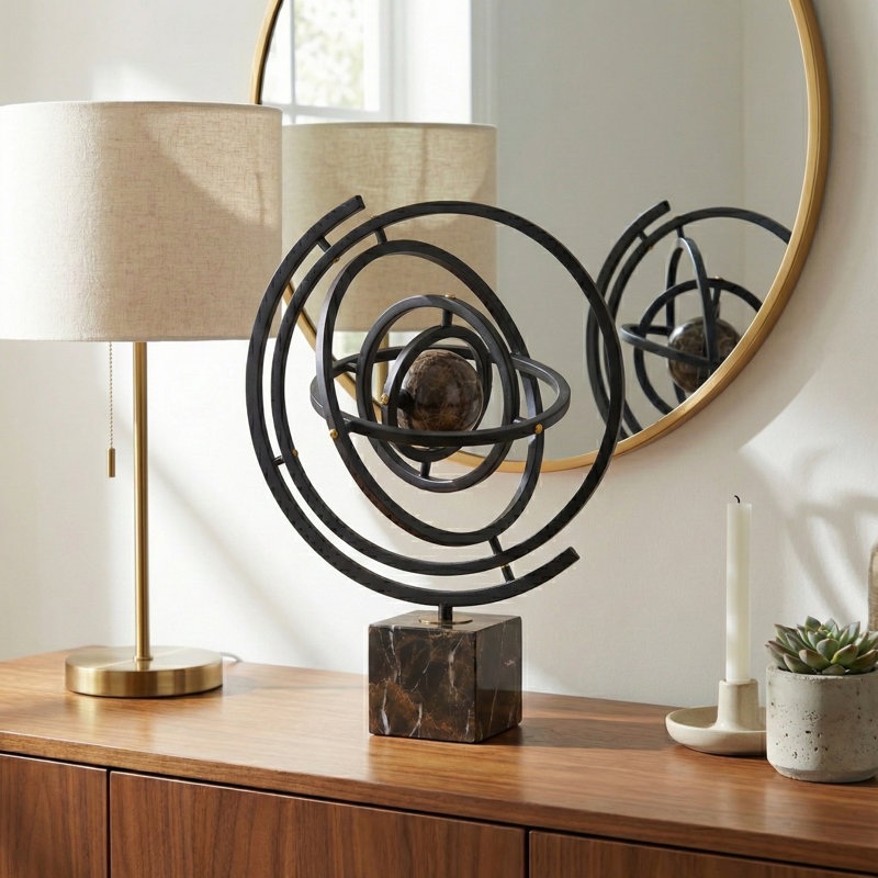 Decorative Circular Statue Sculpture with Metal Ring for Tabletop Decor - Modern Geometric Object for Living Room Decoration - 17", Brown