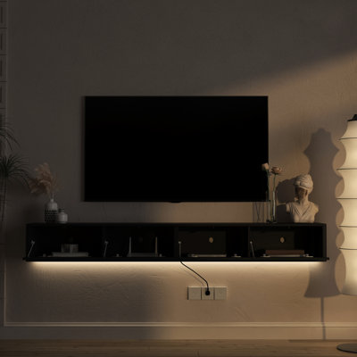 Meuble télé flottant ultrabrillant avec lumières à DEL et instruments électriques, tablette murale pour la maison, DEL 16 couleurs, 4 effets clignotants, 3 standards, 2 ports, grands compartiments de rangement, noir, 76,8 po