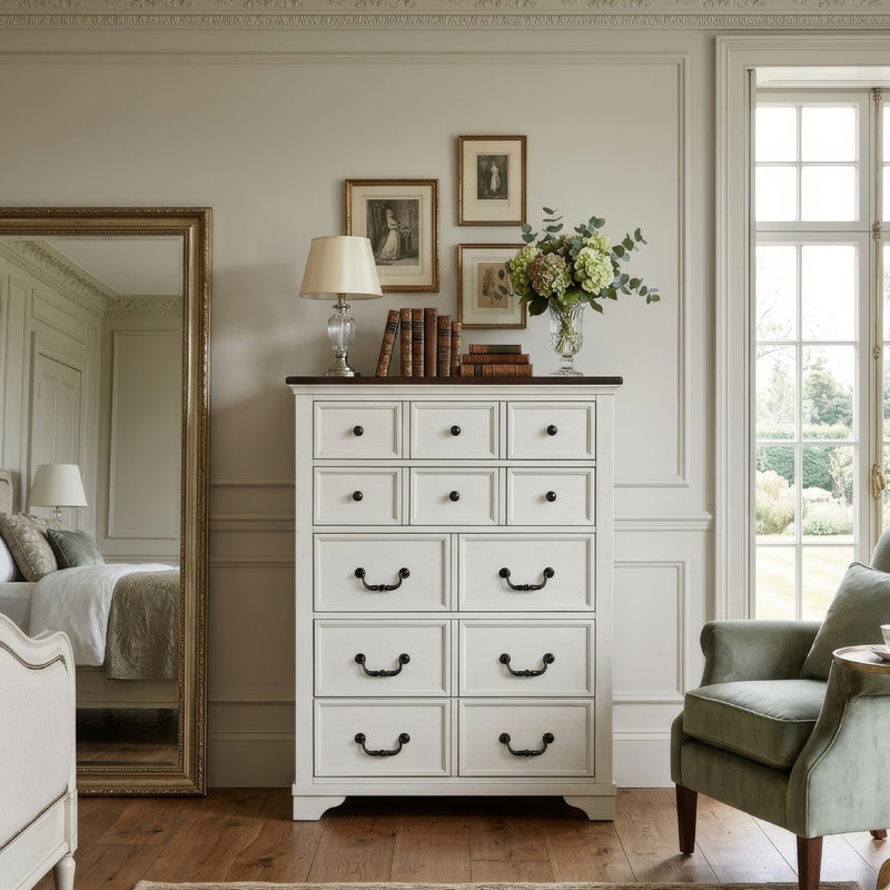 Commode haute Hamps, 5 tiroirs, blanc, bois massif brun foncé