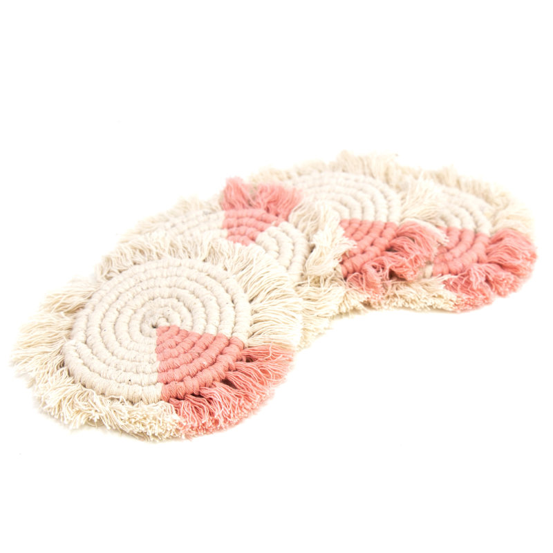 Cotton Round 4 Piece Coaster Set, Cream/Peach