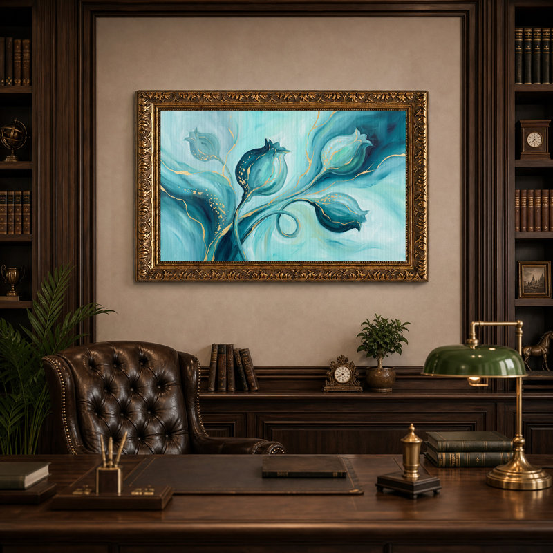 Toile murale abstraite turquoise à motifs floraux veinés d'or, 16"H x 24"W