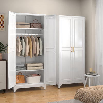 Metal Armoire Wardrobe Closet with Doors and Shelves, White 71" Tall Armoire Wardrobes with Doors and Shelves, Metal Armoire Wardrobe Closet with Hanging Rod, for Bedroom